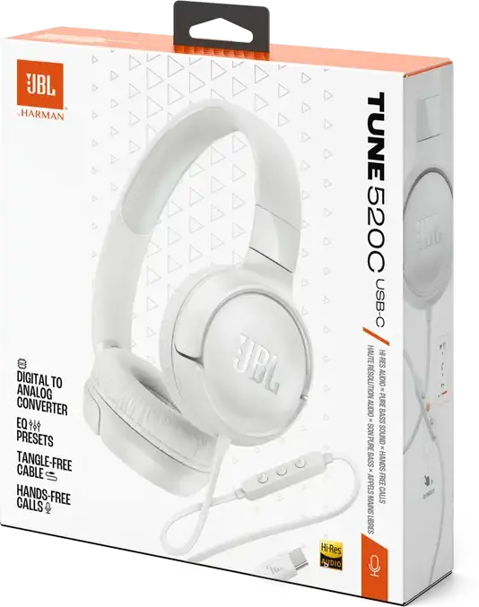 Casca On-Ear cu Fir JBL Tune 520C USB-C, Sunet Pure Bass, Audio Hi-Res, Difuzoare Dinamice 32mm, Microfon Integrat, Design Pliabil, Alb