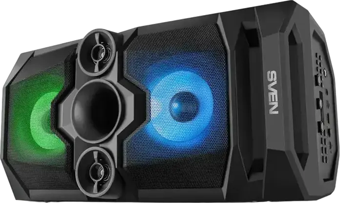 Sistem Acoustic Portabil Karaoke SVEN PS-650, 50W RMS Stereo 2.0, Bluetooth, TWS, Radio FM, Iluminare RGB, Intrare Microfon cu Echo, Baterie 4000mAh, Negru