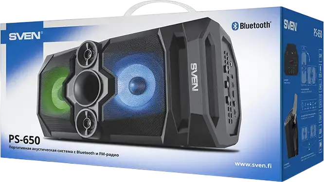 Sistem Acoustic Portabil Karaoke SVEN PS-650, 50W RMS Stereo 2.0, Bluetooth, TWS, Radio FM, Iluminare RGB, Intrare Microfon cu Echo, Baterie 4000mAh, Negru
