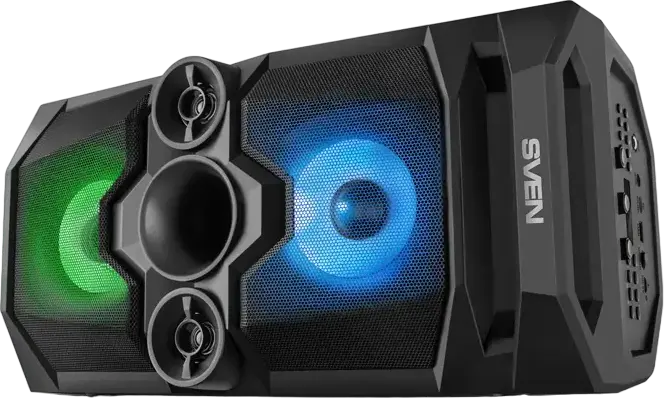 Sistem Acoustic Portabil Karaoke SVEN PS-650, 50W RMS Stereo 2.0, Bluetooth, TWS, Radio FM, Iluminare RGB, Intrare Microfon cu Echo, Baterie 4000mAh, Negru
