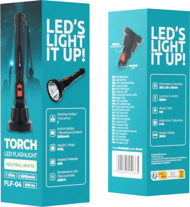 Lanterna LED Forever Light FLF-04, 600 lm, Raza 200m, Baterie Reincarcabila 1800 mAh, Protectie IPX4, Corp ABS, Alb Neutru 4500K, Negru