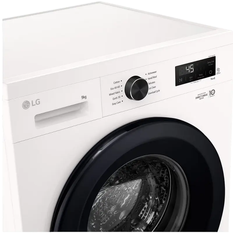 LG F4X1009NWK Front Load Washing Machine, 9kg Capacity, Energy Class A, 1400 RPM, Direct Drive Inverter, Steam Cleaning, ThinQ, White/Black