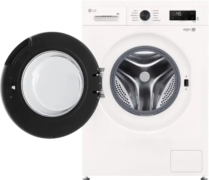 LG F4X1009NWK Front Load Washing Machine, 9kg Capacity, Energy Class A, 1400 RPM, Direct Drive Inverter, Steam Cleaning, ThinQ, White/Black