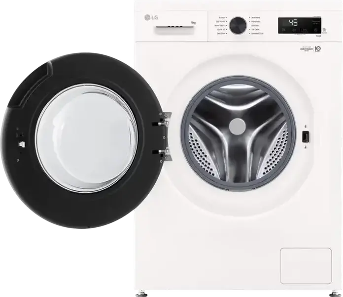 LG F4X1009NWK Front Load Washing Machine, 9kg Capacity, Energy Class A, 1400 RPM, Direct Drive Inverter, Steam Cleaning, ThinQ, White/Black