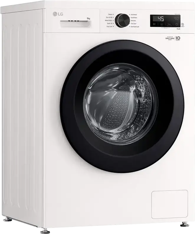 LG F4X1009NWK Front Load Washing Machine, 9kg Capacity, Energy Class A, 1400 RPM, Direct Drive Inverter, Steam Cleaning, ThinQ, White/Black