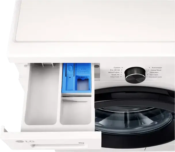 LG F4X1009NWK Front Load Washing Machine, 9kg Capacity, Energy Class A, 1400 RPM, Direct Drive Inverter, Steam Cleaning, ThinQ, White/Black