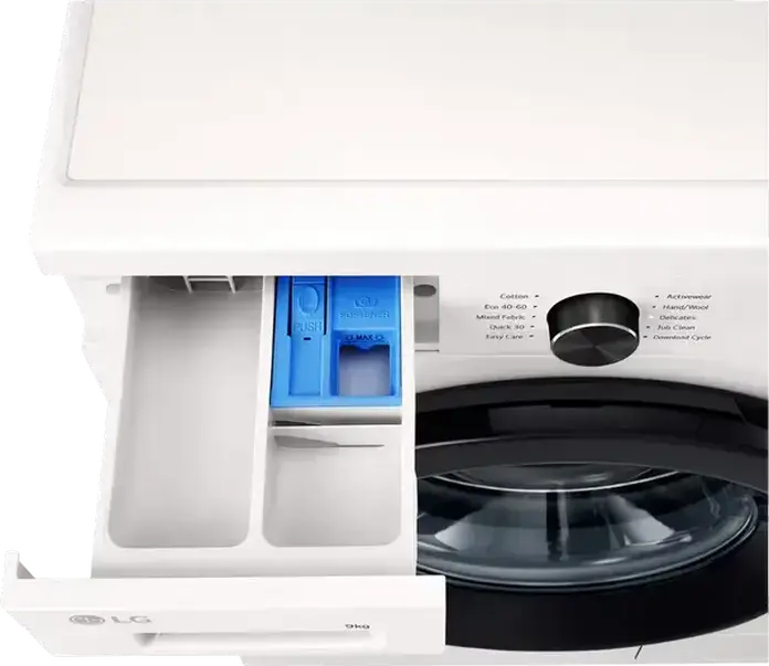 LG F4X1009NWK Front Load Washing Machine, 9kg Capacity, Energy Class A, 1400 RPM, Direct Drive Inverter, Steam Cleaning, ThinQ, White/Black