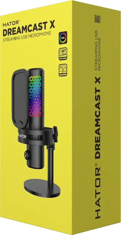 HATOR Dreamcast X Condenser Streaming Microphone, Cardioid, 96kHz/16-bit, USB Type-C & Bluetooth 5.4, RGB, Aluminum Body, SyncHUB App, Black