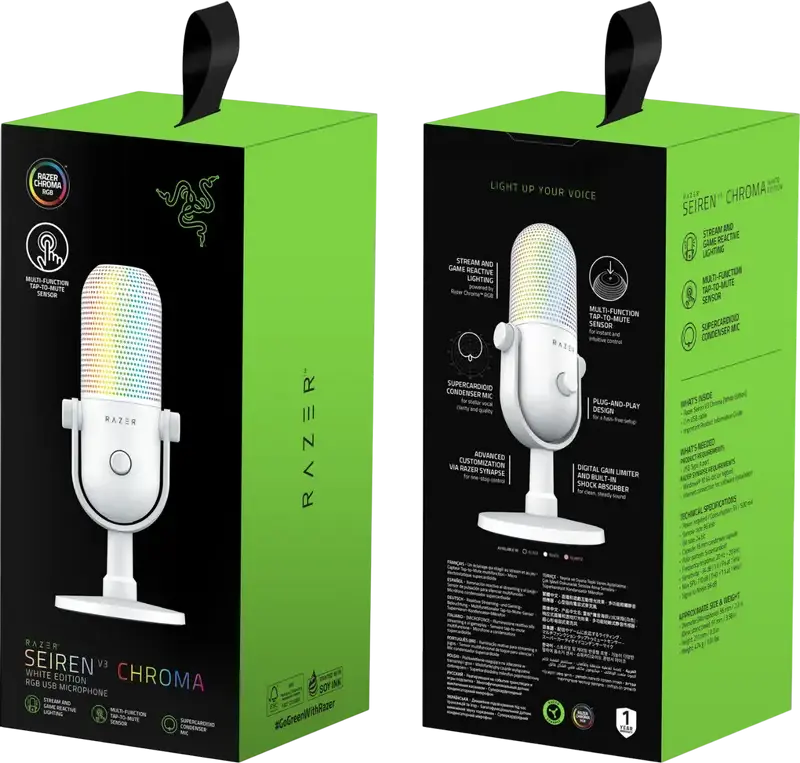 Razer Seiren V3 Chroma USB Gaming Microphone, White, Supercardioid Condenser, Razer Chroma RGB Lighting, Tap-to-Mute Sensor, Gain Control, Desktop Stand