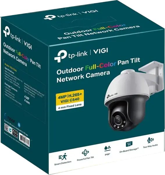 TP-Link VIGI C540 4MP IP Surveillance Camera, Pan/Tilt, 2560x1440, Night Vision 30m, IP66 Weatherproof, PoE, Two-Way Audio, Smart Detection, White