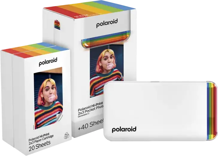 Polaroid Hi-Print 2x3 Generation 2 Pocket Photo Printer, Dye Sublimation 4PASS, Bluetooth, 54x86mm Adhesive Photo Paper, White, Recycled Materials