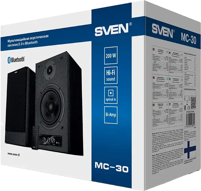 SVEN MC-30 2.0 Multimedia Speaker System, 200W RMS, Bi-Amping Class D DSP Amplifier, Bluetooth, Optical, RCA, MDF Wood Case, Black