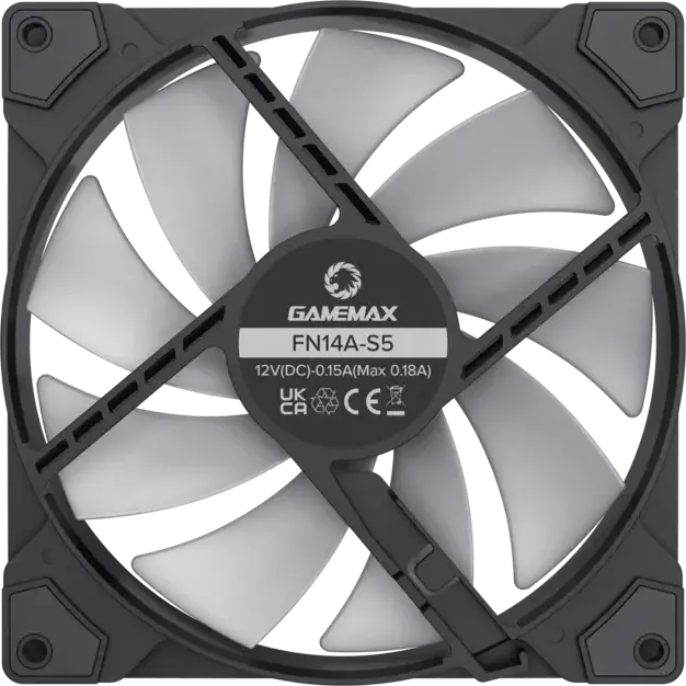 Ventilator Geamemax FN14A-S5 140mm ARGB pentru Carcasă, Rulment Hidraulic PWM, 600-1400 RPM, Flux Aer 43 CFM, Pale Negre Semi-transparente, Conector Aura