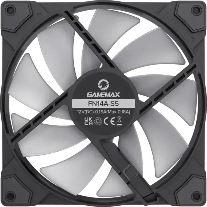 Ventilator Geamemax FN14A-S5 140mm ARGB pentru Carcasă, Rulment Hidraulic PWM, 600-1400 RPM, Flux Aer 43 CFM, Pale Negre Semi-transparente, Conector Aura