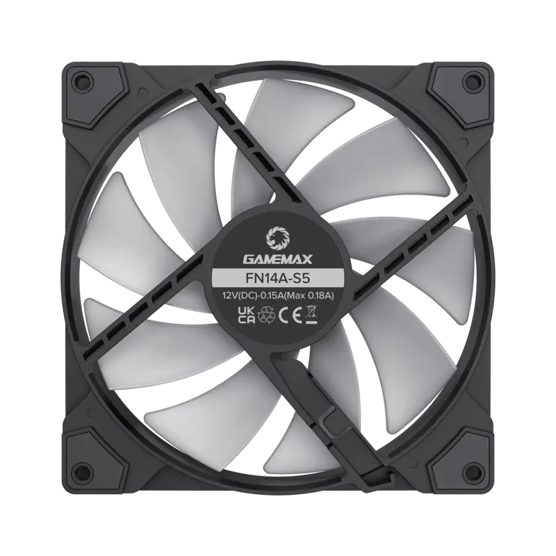 Ventilator Geamemax FN14A-S5 140mm ARGB pentru Carcasă, Rulment Hidraulic PWM, 600-1400 RPM, Flux Aer 43 CFM, Pale Negre Semi-transparente, Conector Aura