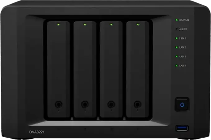 Synology DVA3221 Deep Learning NVR NAS, Intel Atom C3538 2.1GHz, 8GB DDR4, NVIDIA GeForce GTX 1650 GPU, 4-Bay, 32 IP Camera Support, Black
