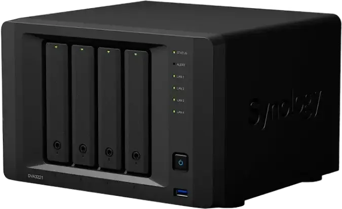 Synology DVA3221 Deep Learning NVR NAS, Intel Atom C3538 2.1GHz, 8GB DDR4, NVIDIA GeForce GTX 1650 GPU, 4-Bay, 32 IP Camera Support, Black
