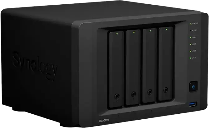 Synology DVA3221 Deep Learning NVR NAS, Intel Atom C3538 2.1GHz, 8GB DDR4, NVIDIA GeForce GTX 1650 GPU, 4-Bay, 32 IP Camera Support, Black
