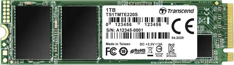 SSD Transcend 220S PCIe NVMe M.2 2280 1ТБ, Gen3 x4, 3D NAND TLC, чтение 3500МБ/с, запись 3200МБ/с, DRAM-кэш, 2200 TBW, TS1TMTE220S
