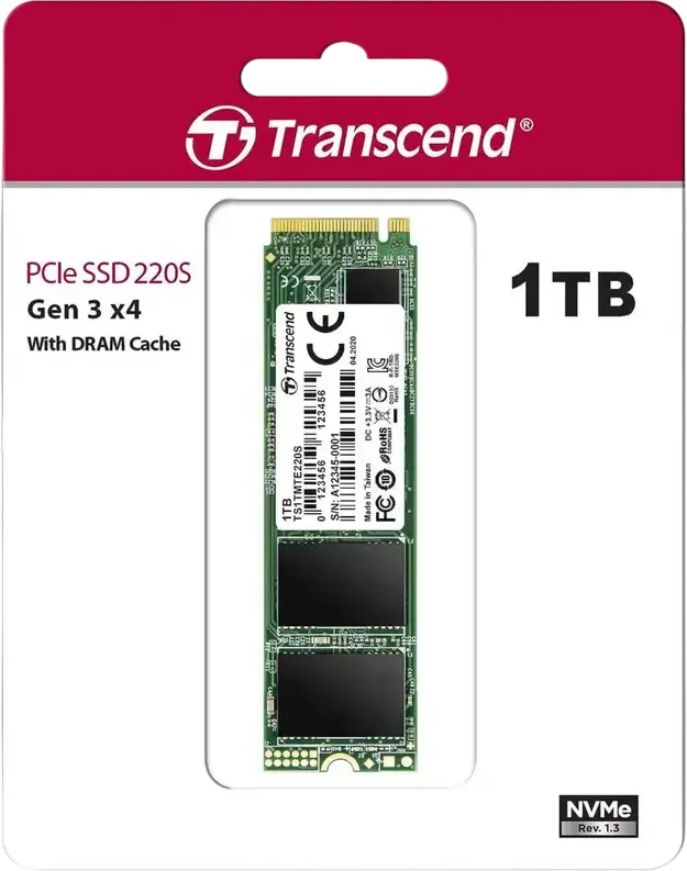 SSD Transcend 220S PCIe NVMe M.2 2280 1ТБ, Gen3 x4, 3D NAND TLC, чтение 3500МБ/с, запись 3200МБ/с, DRAM-кэш, 2200 TBW, TS1TMTE220S