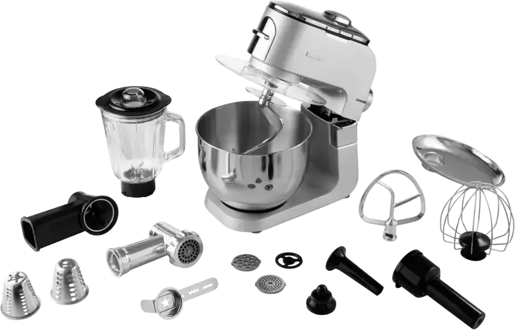 Ardesto KMCH-K1500SS Kitchen Machine, 1500W, 6L Stainless Steel Bowl, 1.5L Blender, 6 Speeds + Pulse, Aluminium Housing, Silver with Meat Grinder and Attachments