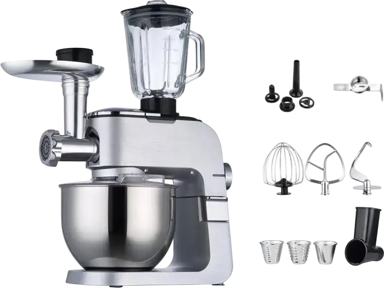 Ardesto KMCH-K1500SS Kitchen Machine, 1500W, 6L Stainless Steel Bowl, 1.5L Blender, 6 Speeds + Pulse, Aluminium Housing, Silver with Meat Grinder and Attachments