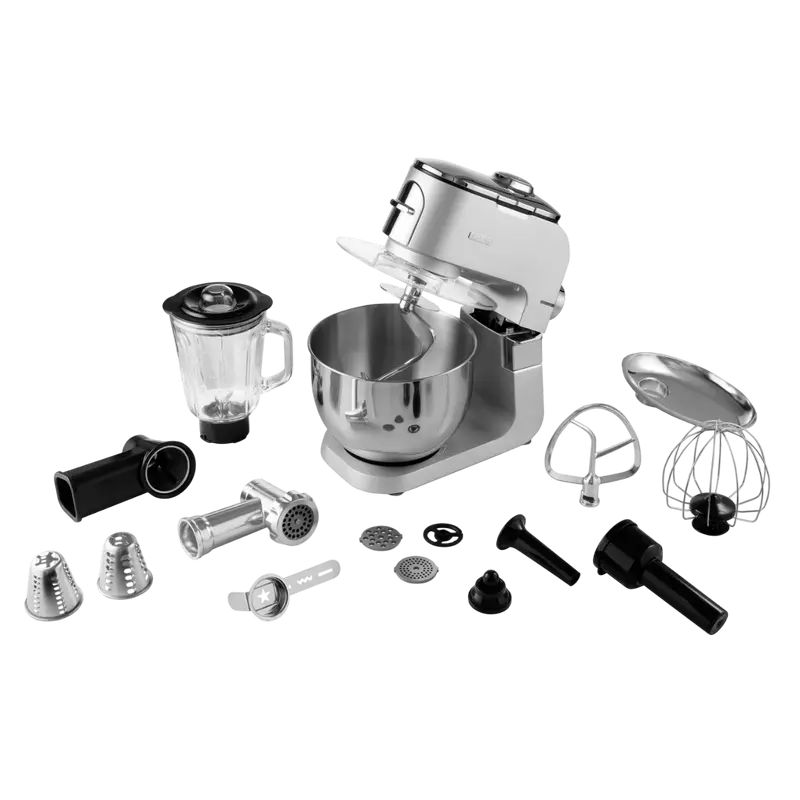 Ardesto KMCH-K1500SS Kitchen Machine, 1500W, 6L Stainless Steel Bowl, 1.5L Blender, 6 Speeds + Pulse, Aluminium Housing, Silver with Meat Grinder and Attachments