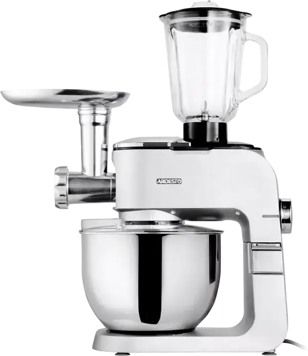 Ardesto KMCH-K1500SS Kitchen Machine, 1500W, 6L Stainless Steel Bowl, 1.5L Blender, 6 Speeds + Pulse, Aluminium Housing, Silver with Meat Grinder and Attachments