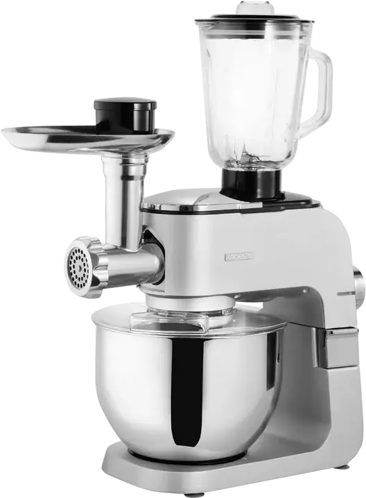 Ardesto KMCH-K1500SS Kitchen Machine, 1500W, 6L Stainless Steel Bowl, 1.5L Blender, 6 Speeds + Pulse, Aluminium Housing, Silver with Meat Grinder and Attachments