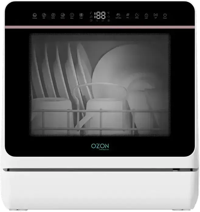 OZON TDJR09A Compact Freestanding Dishwasher, 3 Place Settings, 7 Programs, 950W, PTC Hot Air Drying, LED Touch Control, White