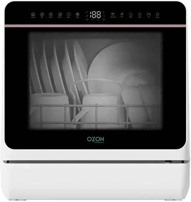 OZON TDJR09A Compact Freestanding Dishwasher, 3 Place Settings, 7 Programs, 950W, PTC Hot Air Drying, LED Touch Control, White