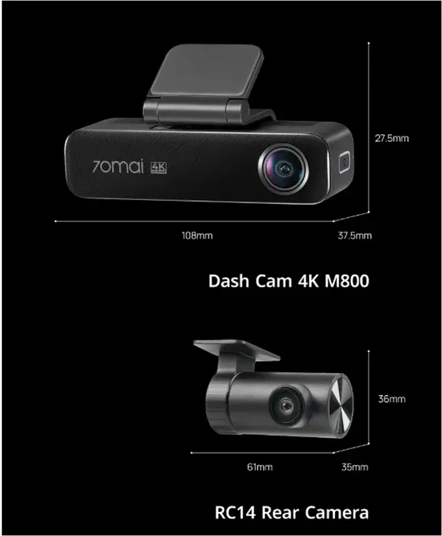 Набор из 2 видеорегистраторов 70mai M800-2 Передний и Задний, 4K UHD Sony STARVIS 2 IMX678, Задний RC14 1080P, Угол 140 Градусов, GPS, Wi-Fi, Черный