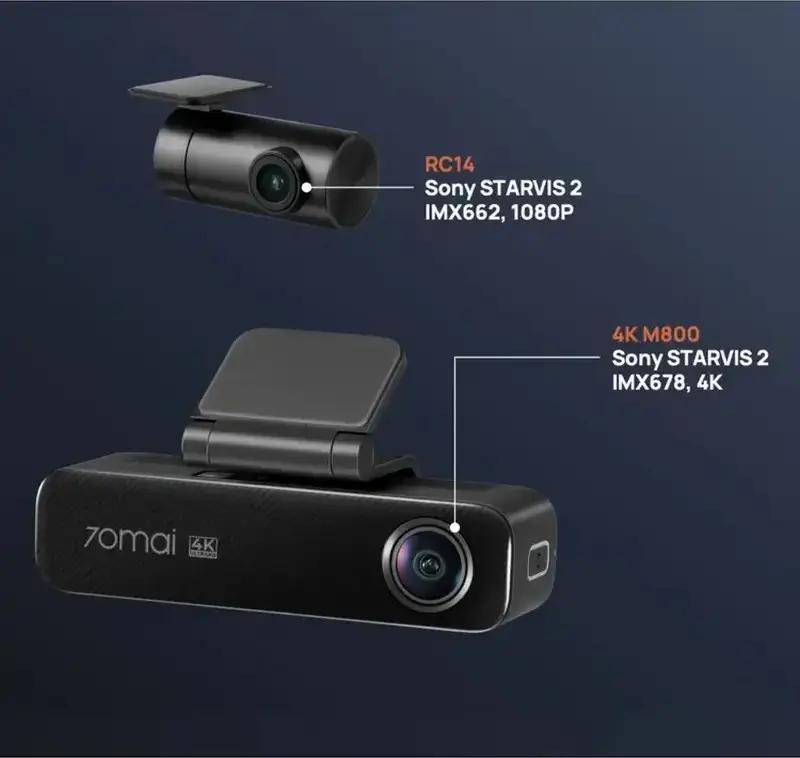 Набор из 2 видеорегистраторов 70mai M800-2 Передний и Задний, 4K UHD Sony STARVIS 2 IMX678, Задний RC14 1080P, Угол 140 Градусов, GPS, Wi-Fi, Черный