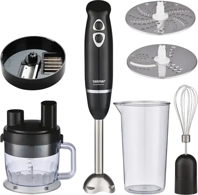 Zelmer QubeMaster ZHB4600 Hand Blender 1200W, Stainless Steel Blades, 1.5L Bowl, Chopper, Whisk, Dicing and Slicing Attachments, Black