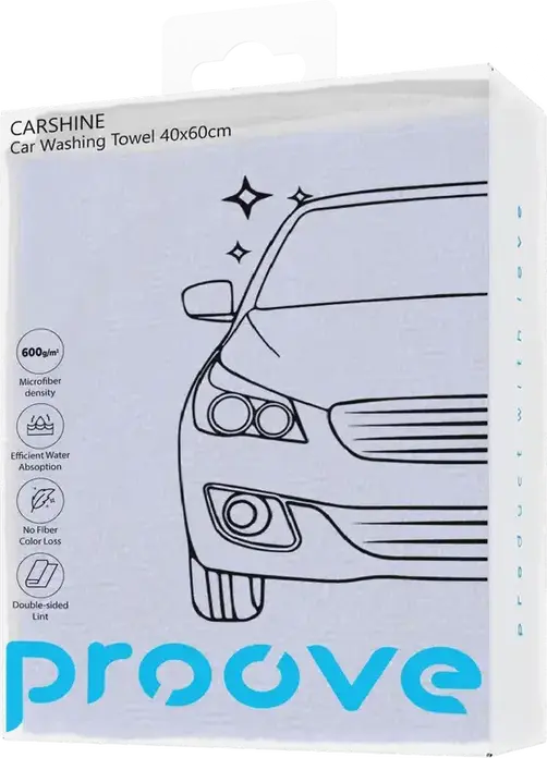 Proove Carshine AACR400000003 Микрофибра для мойки автомобиля, 40x60см, 600г/м2, полиэстер и хлопок, двухсторонняя безворсовая салфетка для детейлинга, сушки и полировки