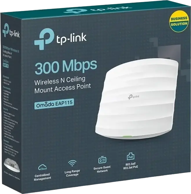 TP-Link EAP115 Wireless N Ceiling Mount Access Point, 300 Mbps, 2.4 GHz, PoE 802.3af Support, Omada SDN Cloud Management, Multi-SSID, White