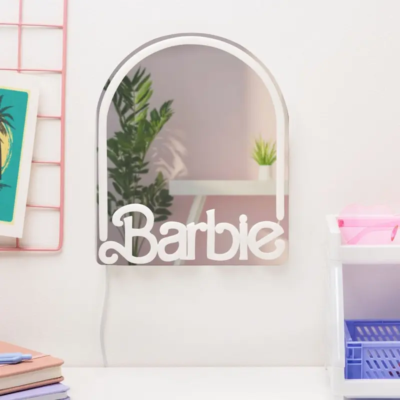 Paladone Barbie LED Neon Decorative Mirror Light PP14619BRVN, Pink Neon Logo, USB Powered, Wall Mountable, ABS Plastic, 27 cm Height, 3 Brightness Levels