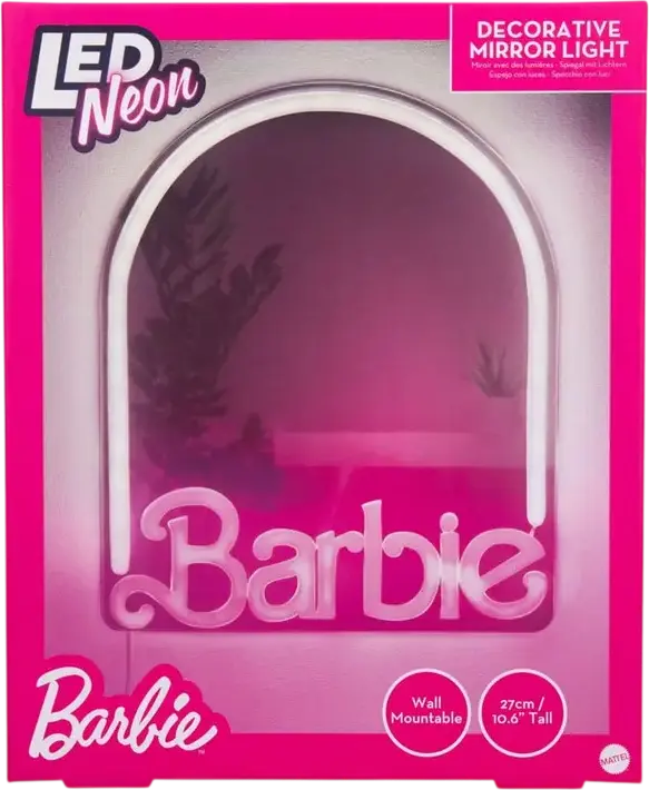 Paladone Barbie LED Neon Decorative Mirror Light PP14619BRVN, Pink Neon Logo, USB Powered, Wall Mountable, ABS Plastic, 27 cm Height, 3 Brightness Levels