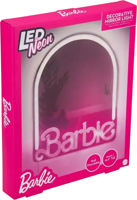 Paladone Barbie LED Neon Decorative Mirror Light PP14619BRVN, Pink Neon Logo, USB Powered, Wall Mountable, ABS Plastic, 27 cm Height, 3 Brightness Levels