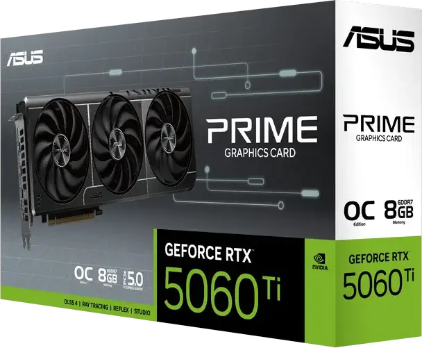 Видеокарта ASUS PRIME GeForce RTX 5060 Ti 8GB GDDR7, архитектура Blackwell, 3 вентилятора Axial-tech, Dual BIOS, PCI-E 5.0, PRIME-RTX5060TI-O8G