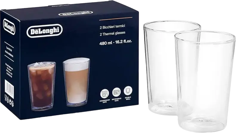 DeLonghi DLSC319 Double Wall Thermal Glasses Set of 2, 480ml Borosilicate Glass, Insulated Hot and Cold Beverage Cups, Dishwasher & Microwave Safe