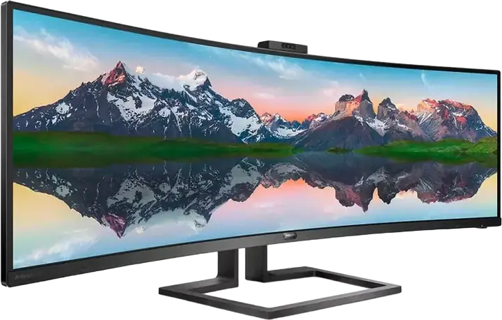 Monitor Philips 499P9H Brilliance P-Line 48.8" Dual QHD 5120x1440 VA Curbat 1800R, Docking Station USB-C, Comutator KVM, Webcam Pop-up, Negru