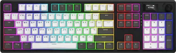 Tastatura Mecanica HATOR Skyfall 100 PRO Wireless Full-size, Conectivitate Tri-mode, Switch-uri Aurum Vanila Silent Linear, Negru/Gri, Baterie 8000mAh, Ecran TFT, RGB