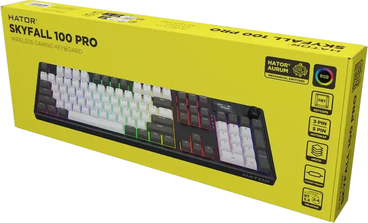 Tastatura Mecanica HATOR Skyfall 100 PRO Wireless Full-size, Conectivitate Tri-mode, Switch-uri Aurum Vanila Silent Linear, Negru/Gri, Baterie 8000mAh, Ecran TFT, RGB