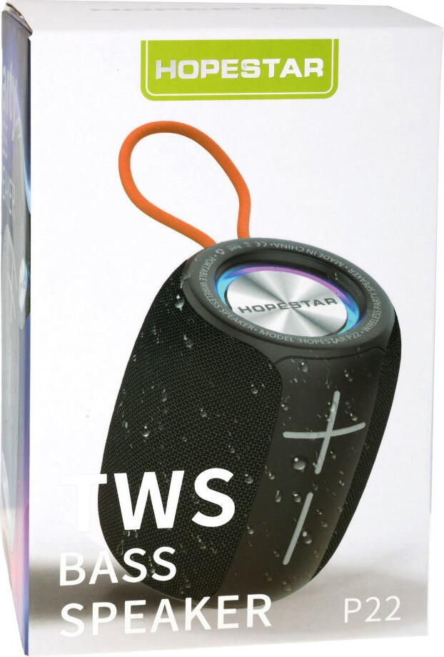 Hopestar P22 Portable Wireless Bass Speaker, 5W Output, Bluetooth v5.0, IPX6 Waterproof, TWS, FM Radio, TF Card, USB, AUX, 1500mAh Battery, Black
