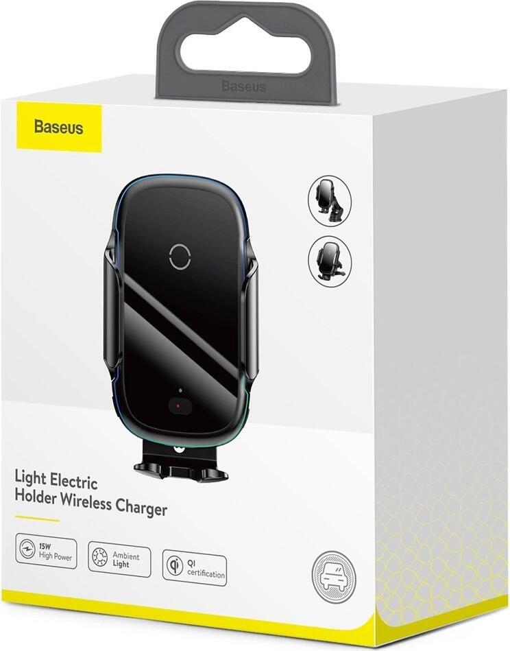 Baseus Light Electric Holder Wireless Charger 15W Qi Certified Automatic Clamping Car Mount with Ambient Light Ring and Air Vent Attachment