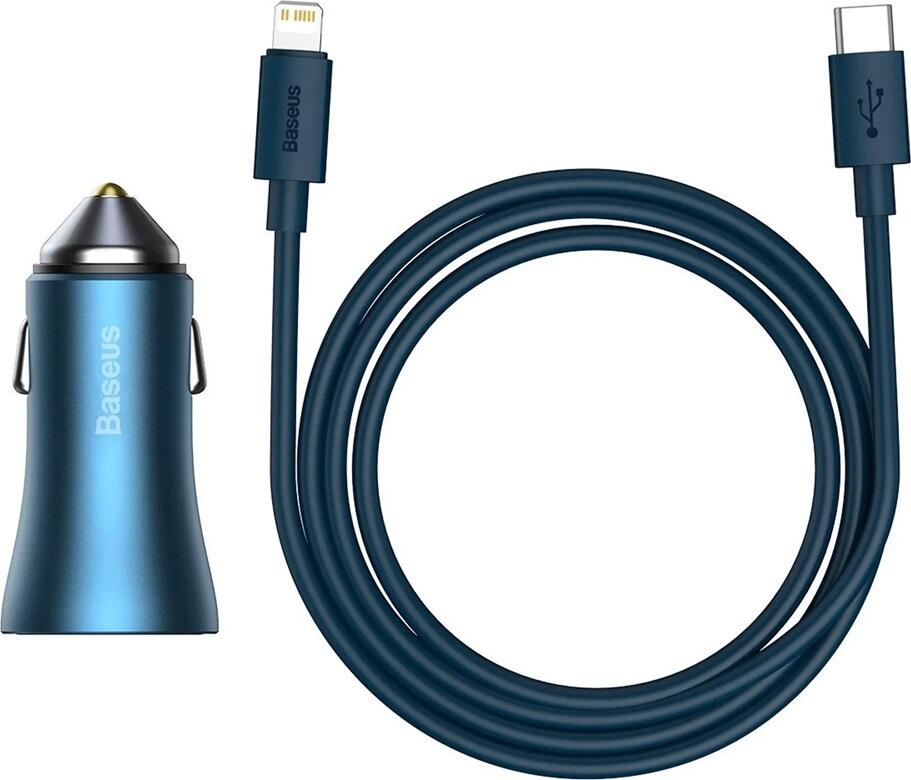 Baseus Car Charger USB/Type-C Dual Quick Charger 40W（With Baseus Cable Type-C to Lightning 1m）, Blue