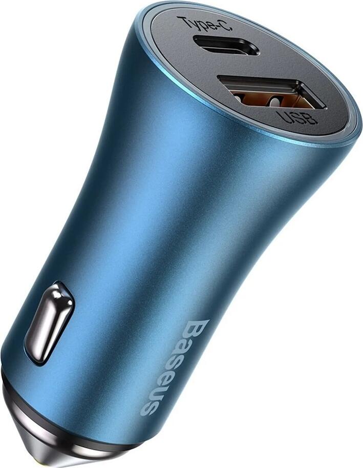 Incarcator Auto Baseus Golden Contactor Pro Dual Quick Charger 40W, USB-C PD 20W si USB-A QC 3.0 20W, 12V/24V pentru Autoturisme si Camioane, Albastru, cu Cablu Type-C la Lightning
