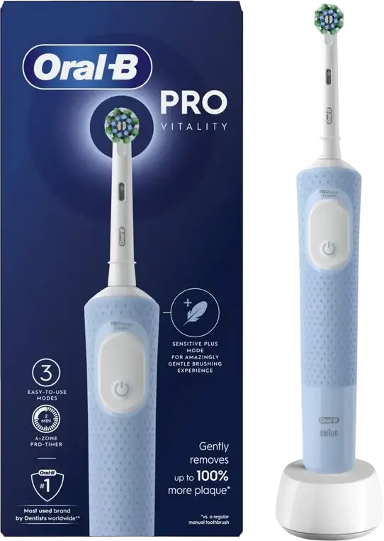 Электрическая зубная щетка Oral-B Vitality Pro D103.413.3, 3 режима чистки с Sensitive Plus, круглая насадка, 4-зонный таймер, синяя, аккумулятор Ni-Mh