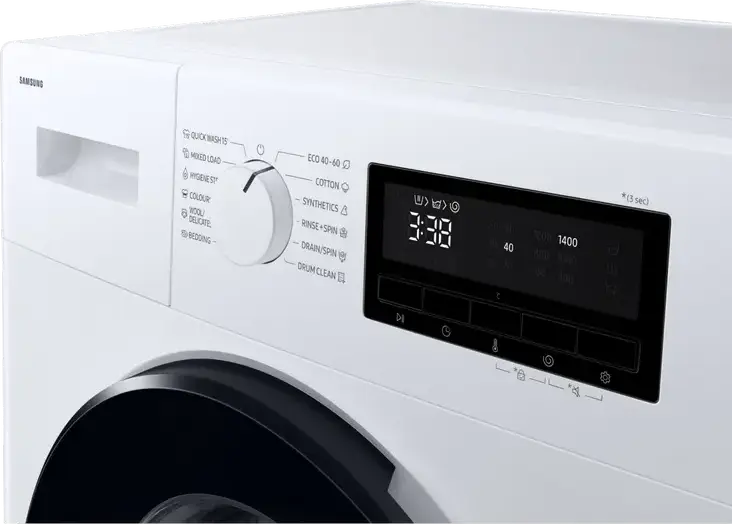 Samsung WW80FG3M05AWLF Front-Loading Washing Machine, 8kg Capacity, Digital Inverter Motor, 1400 rpm, Energy Class A, Hygiene Steam, White/Black
